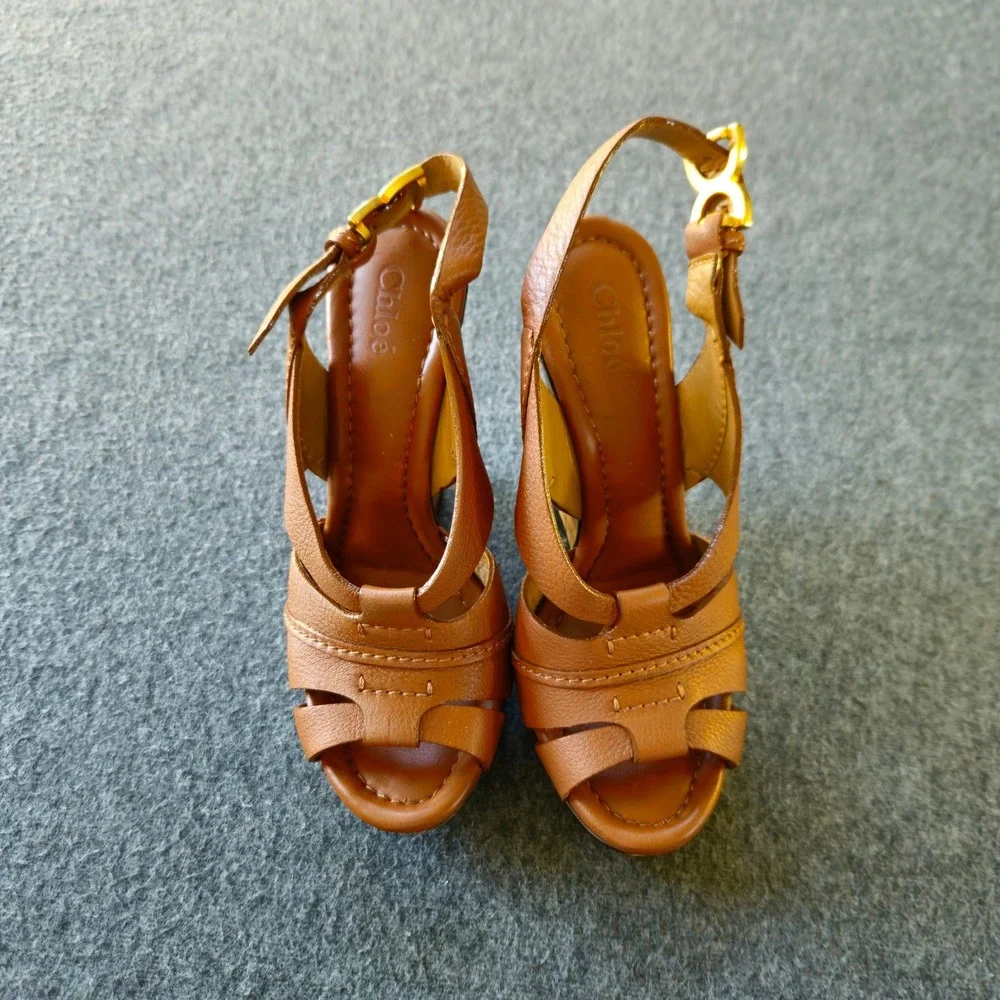 CHLOE Renna Cork Wedge Sandals 38 Act 36 Cognac Leather Strappy Platform CH16066
